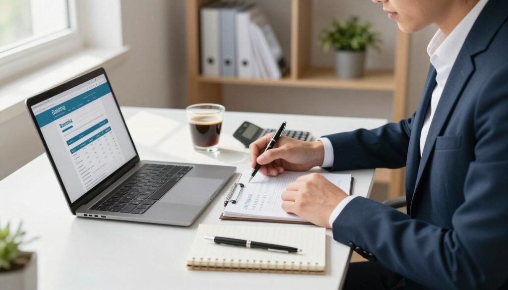 A business professional seated at a clean, organized desk, focused on completing a tax payment process. The foreground includes a laptop displaying a banking website, a notepad with calculations, and a sleek pen. The middle ground features a clear cup of coffee and a calculator, symbolizing concentration and attention to detail. The background showcases a well-lit office environment with shelves of important documents and a potted plant, adding a touch of warmth. Natural light filters in through a window, casting soft shadows, enhancing the atmosphere of productivity and professionalism. The individual, dressed in smart, business attire, conveys confidence and diligence as they navigate the payment process. The overall mood is focused and efficient, representing the practical aspects of tax payments.