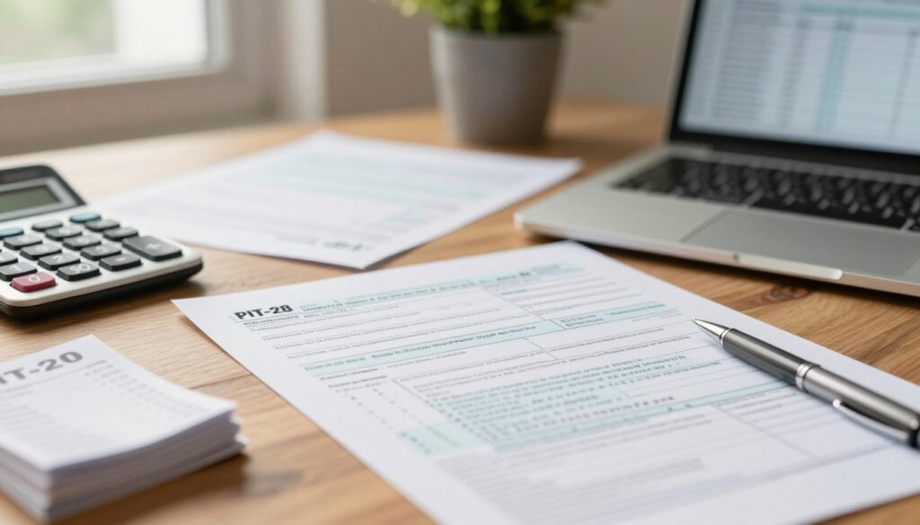 A close-up of the PIT-28 tax form laid out neatly on a wooden desk, with a calculator, a pen, and a stack of receipts partially visible in the foreground. Soft natural lighting streams in from a nearby window, casting gentle shadows. In the middle ground, partially blurred papers and a laptop display tax calculation spreadsheets, implying a professional working atmosphere. In the background, a potted plant adds a touch of greenery, enhancing the tranquil vibe. The overall mood is focused and productive, evoking the theme of financial responsibility. The image composition should use a shallow depth of field to emphasize the details on the PIT-28 form while keeping the surrounding elements subtly in focus. A close-up of the PIT-28 tax form laid out neatly on a wooden desk, with a calculator, a pen, and a stack of receipts partially visible in the foreground. Soft natural lighting streams in from a nearby window, casting gentle shadows. In the middle ground, partially blurred papers and a laptop display tax calculation spreadsheets, implying a professional working atmosphere. In the background, a potted plant adds a touch of greenery, enhancing the tranquil vibe. The overall mood is focused and productive, evoking the theme of financial responsibility. The image composition should use a shallow depth of field to emphasize the details on the PIT-28 form while keeping the surrounding elements subtly in focus.
