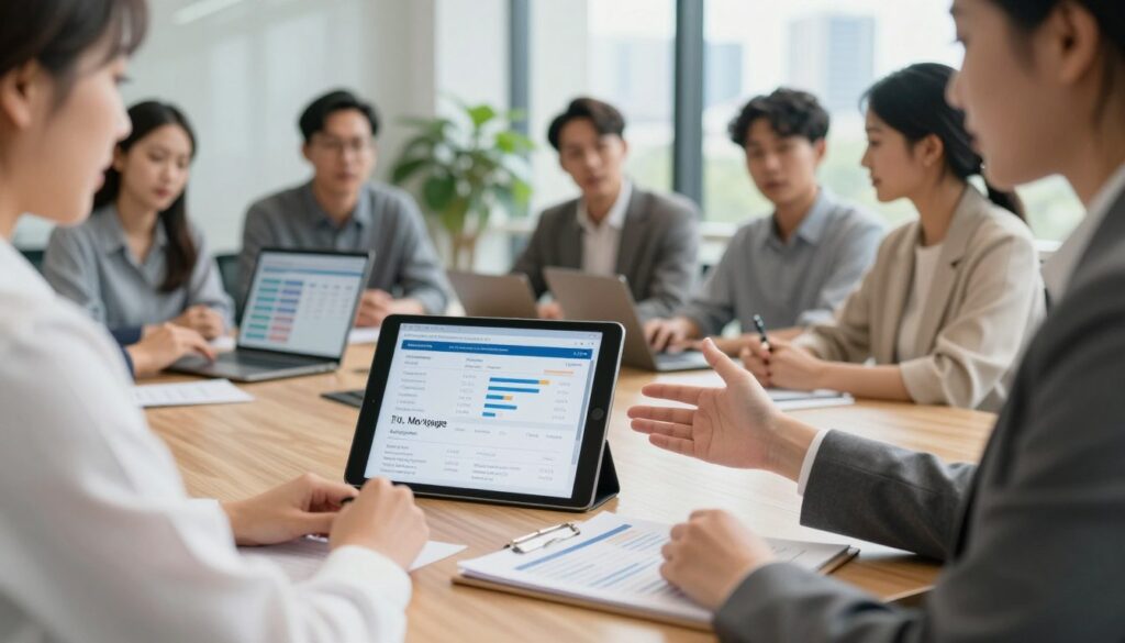 A close-up scene depicting a financial advisor engaging with a diverse group of clients in a modern office setting, discussing mortgage options. In the foreground, a professional woman in business attire gestures towards a digital tablet displaying graphs and numbers related to repayment terms and loan flexibility. In the middle, a sleek wooden conference table with paperwork and financial documents, alongside a laptop showing mortgage calculators. The background features large windows allowing natural light to illuminate the room, greenery outside, and a city skyline visible. The atmosphere is focused and collaborative, emphasizing the importance of understanding mortgage terms like the loan period, repayment rates, and flexibility. The lighting is bright yet warm to create an inviting and professional mood.