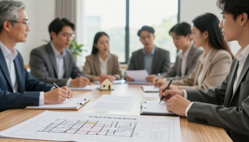 A close-up view of a community meeting room where individuals wearing professional business attire are discussing the process of purchasing municipal housing. The foreground features a table with paperwork and architectural plans, symbolizing the concept of local property acquisition. In the middle ground, a diverse group of people, including men and women, are engaged in a serious conversation, looking at the documents and taking notes. The background shows a large window with natural light streaming in, illuminating the space, creating an atmosphere of hope and opportunity. The setting conveys a sense of community and collaboration, emphasizing the theme of accessible housing. Soft, warm lighting enhances the inviting mood of the room, showcasing the importance of municipal resources.