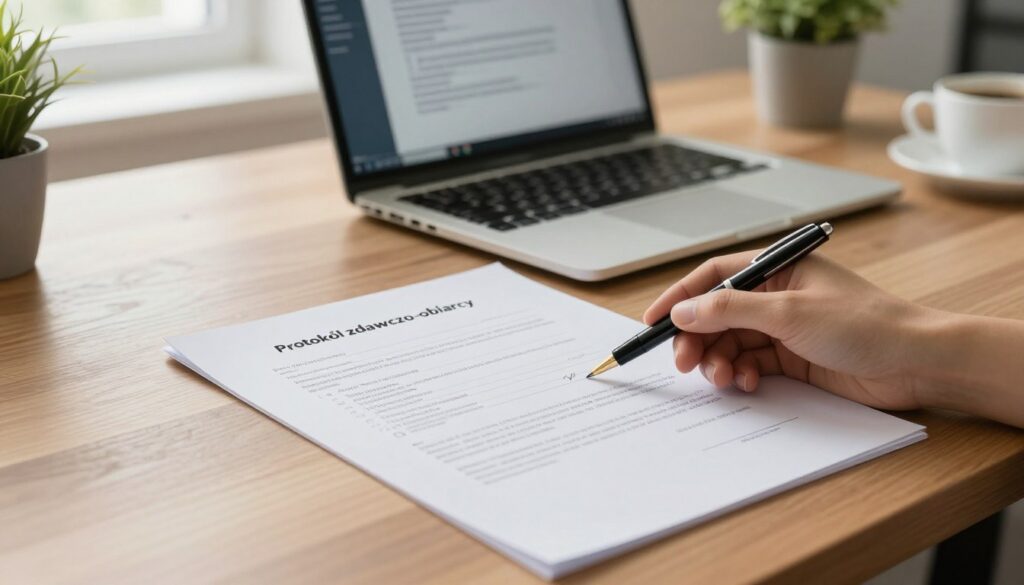 A close-up view of a formal document, titled "Protokół zdawczo-odbiorczy," placed on an elegant wooden desk. The foreground features a stylish pen poised over the document, with handwritten notes and checkboxes visible, indicating a step-by-step filling process. In the middle, there’s a partially open laptop displaying a related digital template, illuminated by soft, natural light from a nearby window. The background includes subtle hints of a well-organized workspace, with a potted plant and a cup of coffee, creating a professional and inviting atmosphere. The scene is captured from a slightly elevated angle, emphasizing clarity and detail, with warm tones to evoke a sense of productivity and focus.