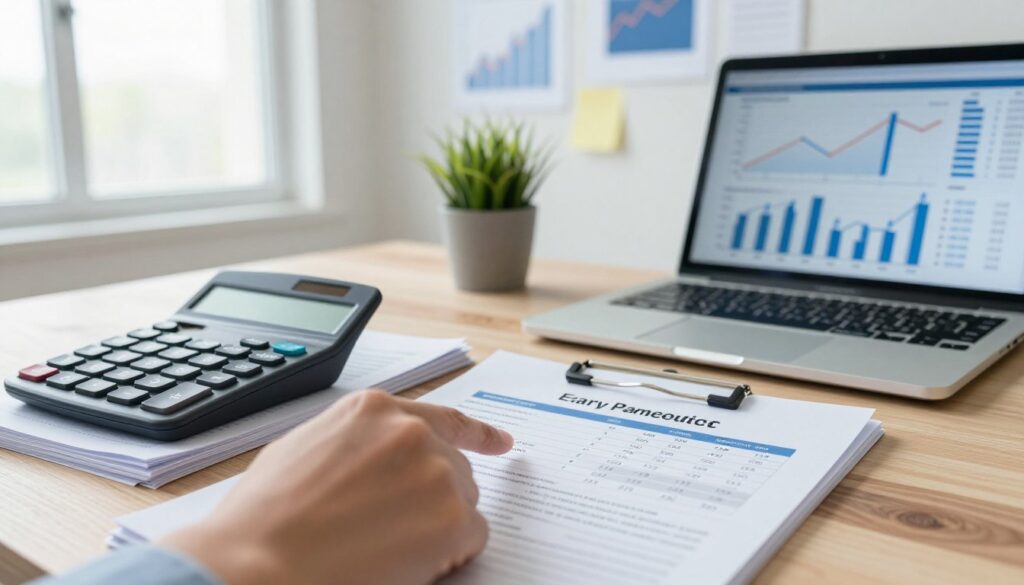 A close-up view of a modern financial office setting, showcasing a professional-looking calculator, a stack of mortgage documents, and a sleek laptop displaying graphs and interest rates. In the foreground, a hand is pointing at a mortgage repayment schedule on paper, symbolizing the concept of early repayment and extra payments. In the middle, there are potted plants and motivational financial charts on the wall, creating an inviting atmosphere. The background is softly lit with natural daylight filtering through large windows, enhancing the clarity of the scene. The mood is focused and optimistic, representing financial empowerment and strategic decision-making. The color palette comprises soft blues and warm neutrals, conveying professionalism and trust.
