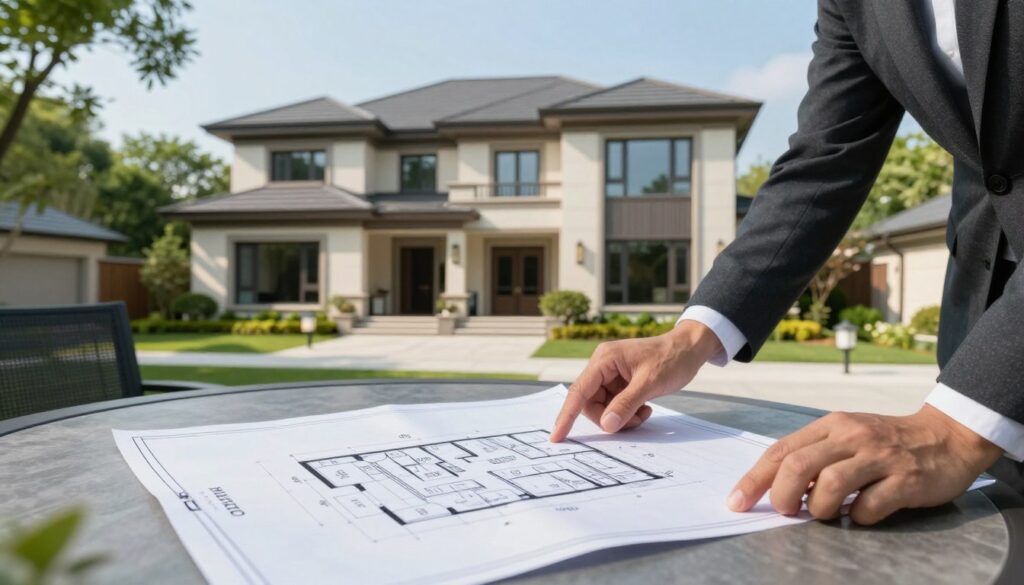 A close-up view of a modern home in a serene suburban setting, symbolizing property appraisal and security value. In the foreground, a professional business person in a tailored suit examines a set of blueprints and property documents on a stylish outdoor table. The middle ground features a beautifully designed house with well-maintained landscaping, showcasing both architectural grandeur and the concept of security. In the background, lush green trees create a calming atmosphere under a clear blue sky illuminated by soft, natural sunlight. The image conveys a professional, confident mood, reflecting the financial insights and assessments related to mortgage values. Use a realistic lens perspective to emphasize depth. No text or additional elements should be present.
