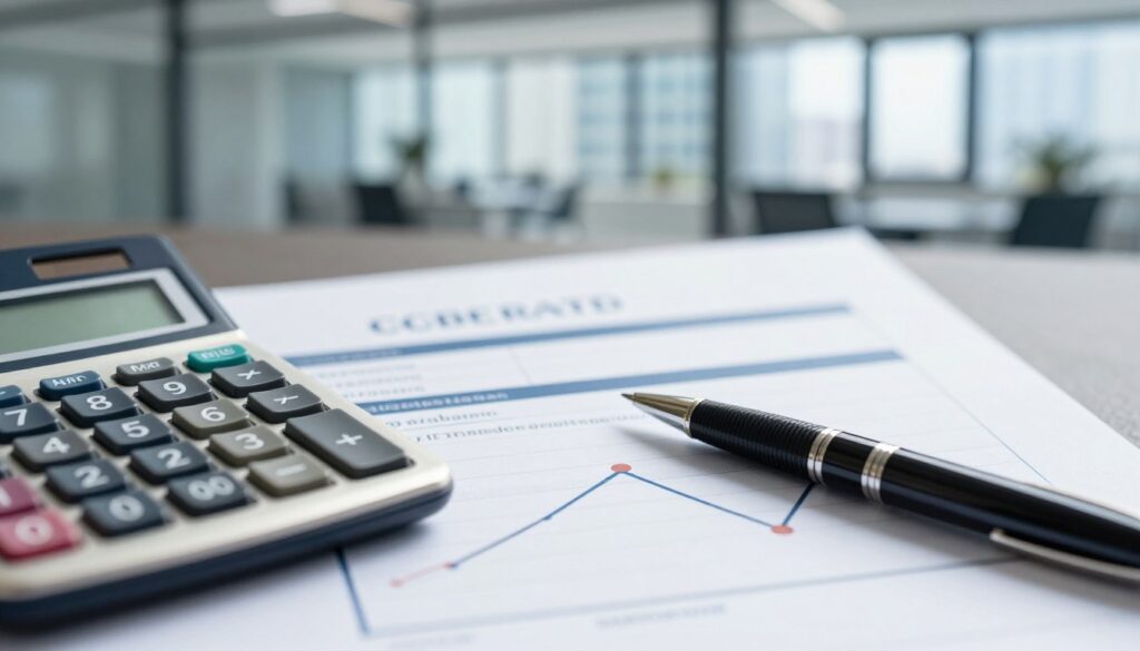 A close-up view of an elegant financial document displaying interest rates in a visually appealing manner. The foreground showcases a calculator and a sleek pen resting on graphs illustrating fixed and variable interest rate trends. In the middle ground, a blurred background of a modern office with large windows allows natural light to filter in, creating a professional ambiance. Soft shadows enhance the depth, making the scene inviting yet authoritative. The colors should be a mix of deep blues and greens, conveying reliability and trust. The overall mood is one of clarity and professionalism, suitable for a financial article, focusing on mortgage interest rates without any text or distractions.