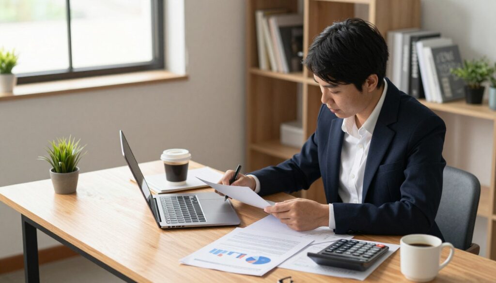 A comfortable, modern office environment with a wooden desk and minimalistic decor. In the foreground, a professional individual dressed in smart business attire is analyzing financial documents and a laptop, focused on calculating their creditworthiness. On the desk, scattered documents and a calculator are clearly visible, alongside a cup of coffee. In the middle ground, a large window allows natural light to flood the room, creating a warm and productive atmosphere. The background features a bookshelf filled with financial books and plants, contributing to a sense of calm. The lighting is soft and inviting, enhancing the business-like yet relaxed mood of the scene. The angle captures the individual from slightly above, emphasizing the action of calculating creditworthiness.
