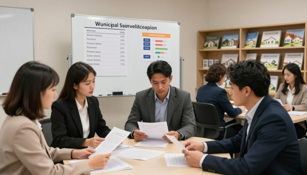 A community meeting room filled with individuals engaged in discussions about municipal housing allocation. In the foreground, a diverse group of three people in professional attire—two women and one man—are seated at a table covered with papers and documents, actively reviewing paperwork related to housing applications. In the middle, a large whiteboard displays charts with waiting times and statistics related to municipal housing allocations. To the background, soft lighting illuminates shelves lined with housing brochures, creating a warm and informative atmosphere. The composition captures a sense of urgency and hope, with a focus on collaboration and community engagement. The image should be well-lit, using a wide-angle lens to emphasize interaction within the room. A community meeting room filled with individuals engaged in discussions about municipal housing allocation. In the foreground, a diverse group of three people in professional attire—two women and one man—are seated at a table covered with papers and documents, actively reviewing paperwork related to housing applications. In the middle, a large whiteboard displays charts with waiting times and statistics related to municipal housing allocations. To the background, soft lighting illuminates shelves lined with housing brochures, creating a warm and informative atmosphere. The composition captures a sense of urgency and hope, with a focus on collaboration and community engagement. The image should be well-lit, using a wide-angle lens to emphasize interaction within the room.