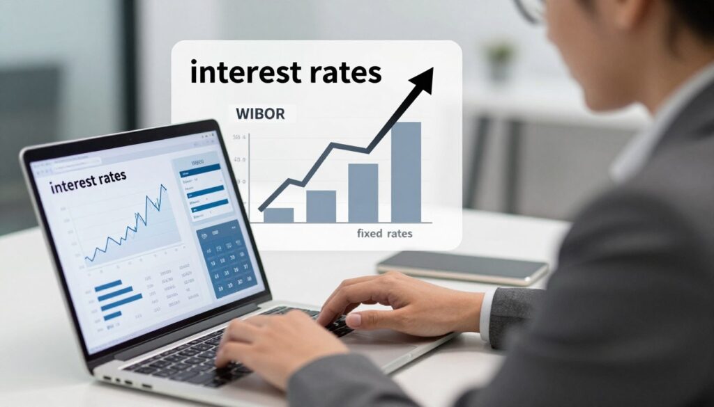 A conceptual illustration showcasing the topic of "interest rates" in a mortgage context. In the foreground, feature a professional-looking person in business attire, focused on a laptop screen displaying financial graphs and calculators. In the middle ground, include a chart with upward and downward arrows representing fluctuating interest rates, with clear labels for "WIBOR" and "fixed rates." The background should consist of a modern office environment with soft lighting, creating a calm and serious atmosphere. Use a shallow depth of field to emphasize the foreground objects while gently blurring the background. Capture the image from a slightly elevated angle to create a dynamic perspective, enhancing the subject's engagement with finance. A conceptual illustration showcasing the topic of "interest rates" in a mortgage context. In the foreground, feature a professional-looking person in business attire, focused on a laptop screen displaying financial graphs and calculators. In the middle ground, include a chart with upward and downward arrows representing fluctuating interest rates, with clear labels for "WIBOR" and "fixed rates." The background should consist of a modern office environment with soft lighting, creating a calm and serious atmosphere. Use a shallow depth of field to emphasize the foreground objects while gently blurring the background. Capture the image from a slightly elevated angle to create a dynamic perspective, enhancing the subject's engagement with finance.