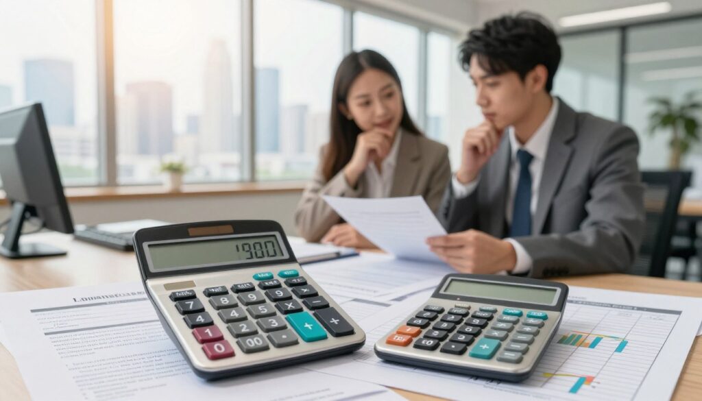 A conceptual image focusing on the costs of a mortgage, illustrating both upfront and ongoing expenses. In the foreground, a detailed calculator displays monthly payment calculations, surrounded by financial documents, including a loan agreement and a budget spreadsheet with graphs. In the middle ground, a modern office setting features a professional young couple in business attire discussing their finances, looking thoughtfully at their documents. The background showcases a large window with a city skyline, casting soft, natural light into the room, creating a warm, inviting atmosphere. The overall mood is one of careful planning and financial literacy, emphasizing the importance of budgeting for a mortgage. The composition should evoke a sense of professionalism and financial responsibility.