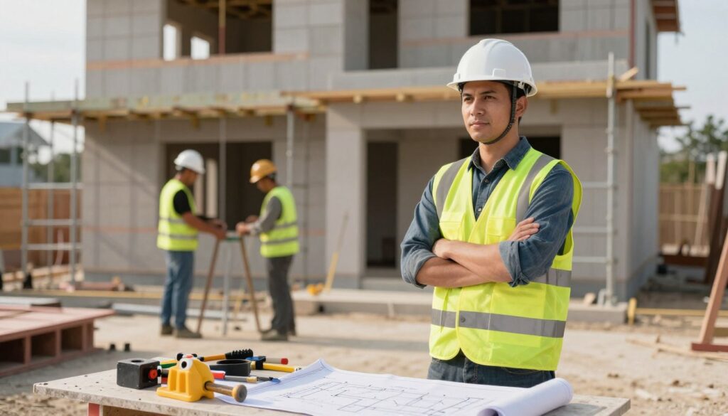 A construction manager standing confidently on a building site, wearing a hard hat and a reflective vest, overseeing the progress of a residential house being built. In the foreground, tools and blueprints are scattered on a table, symbolizing planning and organization. The middle ground features construction workers engaged in various tasks, highlighting teamwork and activity. In the background, partially constructed walls and scaffolding create a sense of depth and realism. Soft, natural daylight illuminates the scene, casting gentle shadows for a warm atmosphere. The image captures professionalism and diligence, portraying the significance of the construction manager's role in a project without requiring formal permits, emphasizing a practical, hands-on approach to home building. A construction manager standing confidently on a building site, wearing a hard hat and a reflective vest, overseeing the progress of a residential house being built. In the foreground, tools and blueprints are scattered on a table, symbolizing planning and organization. The middle ground features construction workers engaged in various tasks, highlighting teamwork and activity. In the background, partially constructed walls and scaffolding create a sense of depth and realism. Soft, natural daylight illuminates the scene, casting gentle shadows for a warm atmosphere. The image captures professionalism and diligence, portraying the significance of the construction manager's role in a project without requiring formal permits, emphasizing a practical, hands-on approach to home building.