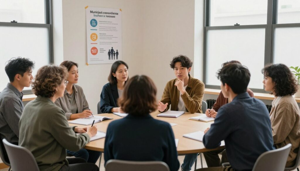 A cozy community meeting space, featuring a diverse group of individuals seated at a round table, discussing the requirements for obtaining municipal housing. In the foreground, a middle-aged woman in professional attire takes notes, while a young man gestures thoughtfully. In the middle, a pinned poster on the wall highlights key eligibility criteria, illustrated with icons representing family, income, and local residency. The background shows a large window with soft natural light filtering in, adding warmth to the environment. The mood is inviting and collaborative, conveying a sense of community and support. The composition is balanced, captured from a slightly elevated angle, emphasizing the interaction between participants without distractions, creating a focused atmosphere on the discussion at hand. A cozy community meeting space, featuring a diverse group of individuals seated at a round table, discussing the requirements for obtaining municipal housing. In the foreground, a middle-aged woman in professional attire takes notes, while a young man gestures thoughtfully. In the middle, a pinned poster on the wall highlights key eligibility criteria, illustrated with icons representing family, income, and local residency. The background shows a large window with soft natural light filtering in, adding warmth to the environment. The mood is inviting and collaborative, conveying a sense of community and support. The composition is balanced, captured from a slightly elevated angle, emphasizing the interaction between participants without distractions, creating a focused atmosphere on the discussion at hand.