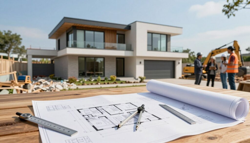 A detailed architectural project design showcasing a contemporary house and garage, focused on the intricacies of construction documentation. In the foreground, plans and blueprints are spread out on a wooden table, with a compass and ruler next to them. The middle layer features a sleek modern house design with large windows, a flat roof, and eco-friendly materials, set against a clear blue sky. The background displays a construction site with heavy machinery and workers in professional attire engaging in discussions. Soft, natural lighting illuminates the scene, creating a productive and optimistic atmosphere, while the angle is slightly elevated, providing a comprehensive view of the project in progress. A detailed architectural project design showcasing a contemporary house and garage, focused on the intricacies of construction documentation. In the foreground, plans and blueprints are spread out on a wooden table, with a compass and ruler next to them. The middle layer features a sleek modern house design with large windows, a flat roof, and eco-friendly materials, set against a clear blue sky. The background displays a construction site with heavy machinery and workers in professional attire engaging in discussions. Soft, natural lighting illuminates the scene, creating a productive and optimistic atmosphere, while the angle is slightly elevated, providing a comprehensive view of the project in progress.