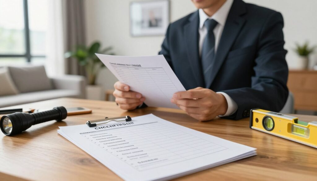 A detailed checklist for inspecting an apartment's technical condition, displayed on a desk. The foreground features a wooden table with a well-organized checklist document, showing bullet points like "Check windows", "Inspect plumbing", and "Test electrical outlets". Next to the checklist, there are tools like a flashlight and a level. In the middle ground, a professional dressed in smart business attire is reviewing the checklist, thoughtfully observing the surroundings. The background includes a bright, well-lit room with modern interior furnishings, showcasing a living area with a sofa, plants, and framed pictures, creating a cozy yet professional atmosphere. Soft natural light streams in through large windows, enhancing the overall clarity and warmth of the scene.