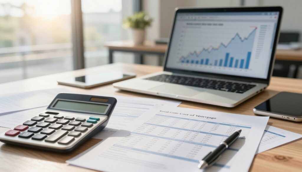 A detailed financial desk scene showcasing the total cost of a mortgage. In the foreground, a calculator displays numerical figures, surrounded by scattered mortgage documents, including an itemized cost breakdown. The middle layer features a laptop open to a graph showing interest rates over time, emphasizing financial trends. In the background, a blurred view of a modern office environment with a soft-focus window revealing a sunny day outside, suggesting optimism and clarity in financial planning. Soft, warm lighting casts gentle shadows, creating a professional yet inviting atmosphere. The angle is slightly tilted to add dynamism to the composition, conveying a sense of urgency and importance in understanding mortgage costs. A detailed financial desk scene showcasing the total cost of a mortgage. In the foreground, a calculator displays numerical figures, surrounded by scattered mortgage documents, including an itemized cost breakdown. The middle layer features a laptop open to a graph showing interest rates over time, emphasizing financial trends. In the background, a blurred view of a modern office environment with a soft-focus window revealing a sunny day outside, suggesting optimism and clarity in financial planning. Soft, warm lighting casts gentle shadows, creating a professional yet inviting atmosphere. The angle is slightly tilted to add dynamism to the composition, conveying a sense of urgency and importance in understanding mortgage costs.