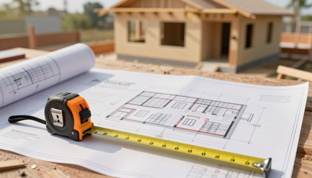 A detailed illustration of a residential construction site focusing on "building footprint" versus "usable area." In the foreground, a measuring tape lies across a foundation plan, symbolizing the concept of area measurement. In the middle ground, blueprints and design schematics are spread out on a work table, with a detailed overlay of the house footprint clearly marked. The background features a partially constructed house, showcasing its dimensions and space allocation. The scene is bathed in warm, natural light, creating a sense of optimism and productivity. The camera is positioned at a slight angle above the table, capturing the layout while emphasizing the importance of correct measurements. The overall mood is professional and informative, suitable for a construction or architectural context. A detailed illustration of a residential construction site focusing on "building footprint" versus "usable area." In the foreground, a measuring tape lies across a foundation plan, symbolizing the concept of area measurement. In the middle ground, blueprints and design schematics are spread out on a work table, with a detailed overlay of the house footprint clearly marked. The background features a partially constructed house, showcasing its dimensions and space allocation. The scene is bathed in warm, natural light, creating a sense of optimism and productivity. The camera is positioned at a slight angle above the table, capturing the layout while emphasizing the importance of correct measurements. The overall mood is professional and informative, suitable for a construction or architectural context.