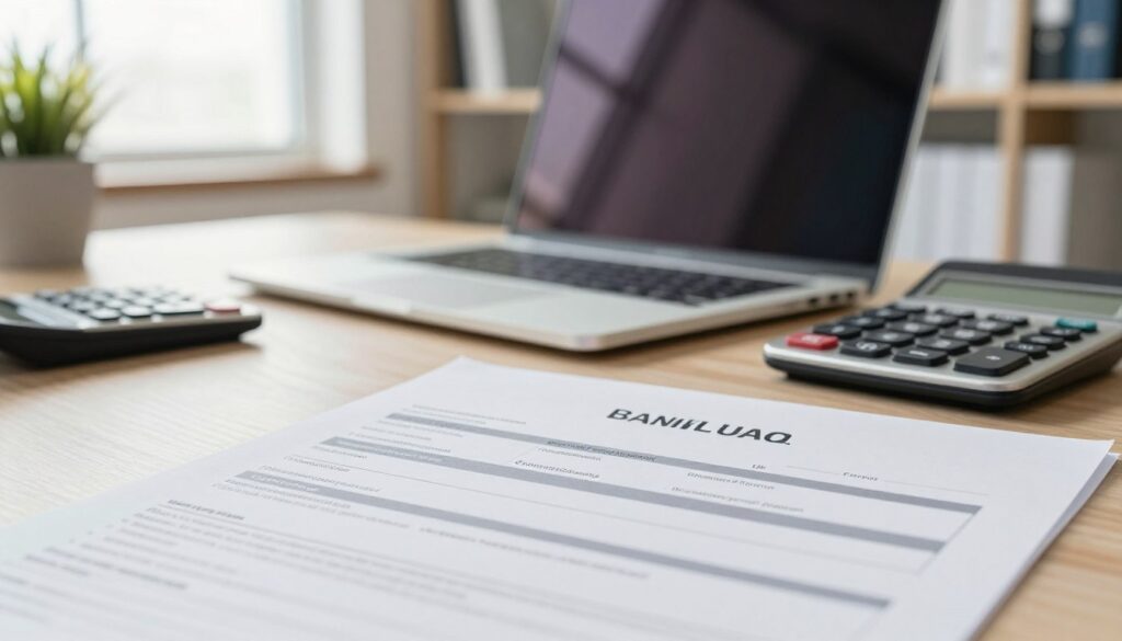 A detailed image of a bank loan application document prominently displayed in the foreground, with a close-up on neatly filled out sections, emphasizing clarity and professionalism. In the middle, a sleek desktop with a laptop open and a calculator next to the application, symbolizing the process of financial planning. The background features a well-lit office environment with blurred bookshelves and a potted plant, conveying a sense of order and tranquility. Soft, natural light filtering through a window enhances the inviting atmosphere. The overall mood is one of seriousness and determination, suggesting efficiency and clarity in financial decision-making, without any human subjects present.