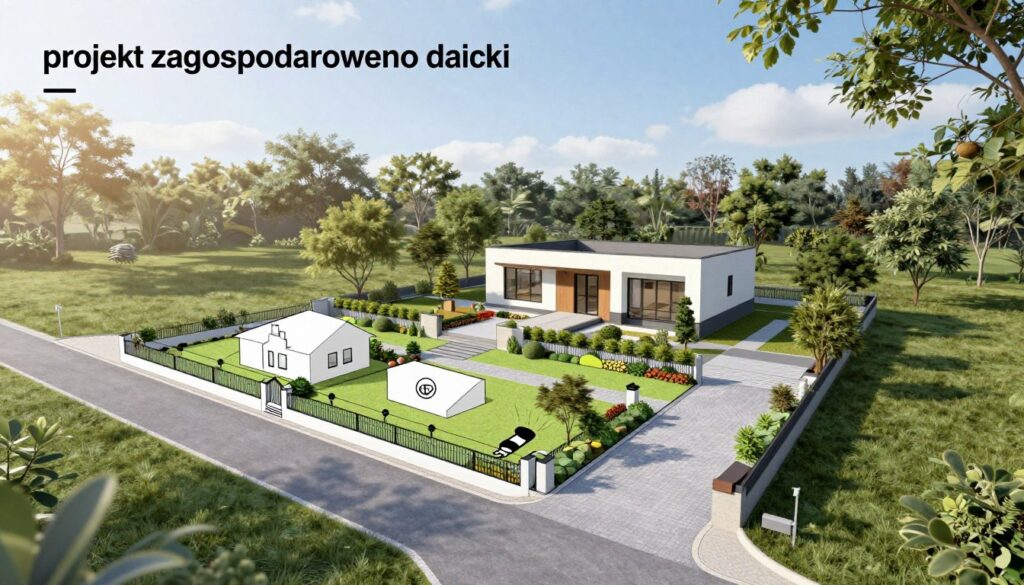 A detailed landscape of a residential plot showcasing a "projekt zagospodarowania działki" design, featuring a well-structured layout plan with designated areas for a house, garden, and driveway. In the foreground, depict a detailed schematic of the plot with clearly marked zones, labeled with simple icons for the house and garden. In the middle ground, illustrate a modest, modern house model placed optimally on the plot, surrounded by trees and landscaped features, emphasizing harmonious integration with nature. The background should include a clear blue sky with soft, diffused sunlight creating a warm atmosphere. Use a wide-angle perspective to capture the entire site layout, evoking a sense of thoughtful planning and serenity in a suburban setting. A detailed landscape of a residential plot showcasing a "projekt zagospodarowania działki" design, featuring a well-structured layout plan with designated areas for a house, garden, and driveway. In the foreground, depict a detailed schematic of the plot with clearly marked zones, labeled with simple icons for the house and garden. In the middle ground, illustrate a modest, modern house model placed optimally on the plot, surrounded by trees and landscaped features, emphasizing harmonious integration with nature. The background should include a clear blue sky with soft, diffused sunlight creating a warm atmosphere. Use a wide-angle perspective to capture the entire site layout, evoking a sense of thoughtful planning and serenity in a suburban setting.