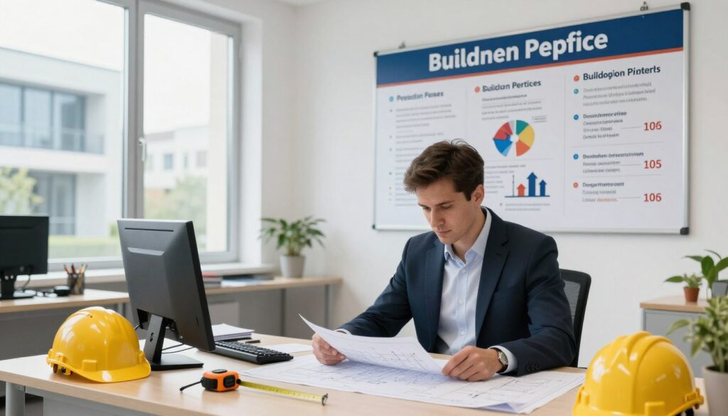 A detailed scene depicting the office of a construction permits office in Poland. In the foreground, a professional man in a suit is reviewing blueprints and documents on a desk, surrounded by various construction-related materials like hard hats and measuring tapes. In the middle, a large bulletin board displays information about construction permit fees and guidelines, with infographics illustrating costs associated with building homes and garages. The background features a large window allowing natural light to flood the room, highlighting modern architectural designs visible outside. The atmosphere is professional and informative, emphasizing the significance of understanding building permit costs. The lighting is bright and welcoming, captured in a slightly wide-angle view to give a sense of space and activity. A detailed scene depicting the office of a construction permits office in Poland. In the foreground, a professional man in a suit is reviewing blueprints and documents on a desk, surrounded by various construction-related materials like hard hats and measuring tapes. In the middle, a large bulletin board displays information about construction permit fees and guidelines, with infographics illustrating costs associated with building homes and garages. The background features a large window allowing natural light to flood the room, highlighting modern architectural designs visible outside. The atmosphere is professional and informative, emphasizing the significance of understanding building permit costs. The lighting is bright and welcoming, captured in a slightly wide-angle view to give a sense of space and activity.