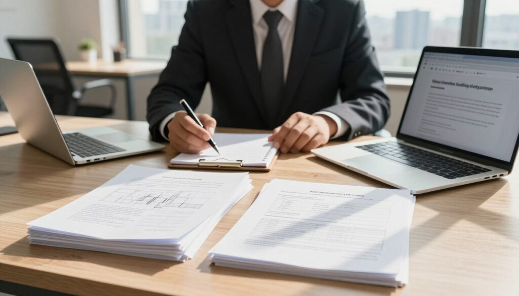 A detailed scene depicting the process of applying for a building permit. In the foreground, a well-organized desk with a neatly arranged stack of formal documents, including blueprints and application forms, featuring diagrams and checklists. A laptop is open, showing a website about building regulations. In the middle ground, a professional in business attire is reviewing the documents with a focused expression, holding a pen and a notepad for notes. In the background, a sunny office space with large windows illuminating the scene, and a cityscape visible outside. The mood is productive and serious, emphasizing the importance of proper paperwork in the building permit process. Soft, natural lighting casts gentle shadows, creating a warm atmosphere. A detailed scene depicting the process of applying for a building permit. In the foreground, a well-organized desk with a neatly arranged stack of formal documents, including blueprints and application forms, featuring diagrams and checklists. A laptop is open, showing a website about building regulations. In the middle ground, a professional in business attire is reviewing the documents with a focused expression, holding a pen and a notepad for notes. In the background, a sunny office space with large windows illuminating the scene, and a cityscape visible outside. The mood is productive and serious, emphasizing the importance of proper paperwork in the building permit process. Soft, natural lighting casts gentle shadows, creating a warm atmosphere.