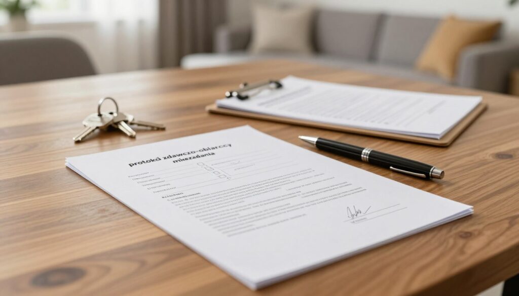 A detailed scene showcasing a "protokół zdawczo-odbiorczy mieszkania" document resting on a polished wooden table. In the foreground, the document features checkboxes and spaces for signatures, elegantly arranged with a stylish pen beside it. The middle ground contains a clipboard and a few keys, hinting at a real estate transaction. In the background, there’s a soft-focus image of a well-lit living room, showcasing modern furnishings and warm lighting. The atmosphere is professional and inviting, suggesting a successful handover process between a developer and a client. Ensure the lighting is natural and bright, emphasizing clarity and organization in the workspace setting, with a slight depth of field effect to draw attention to the document.