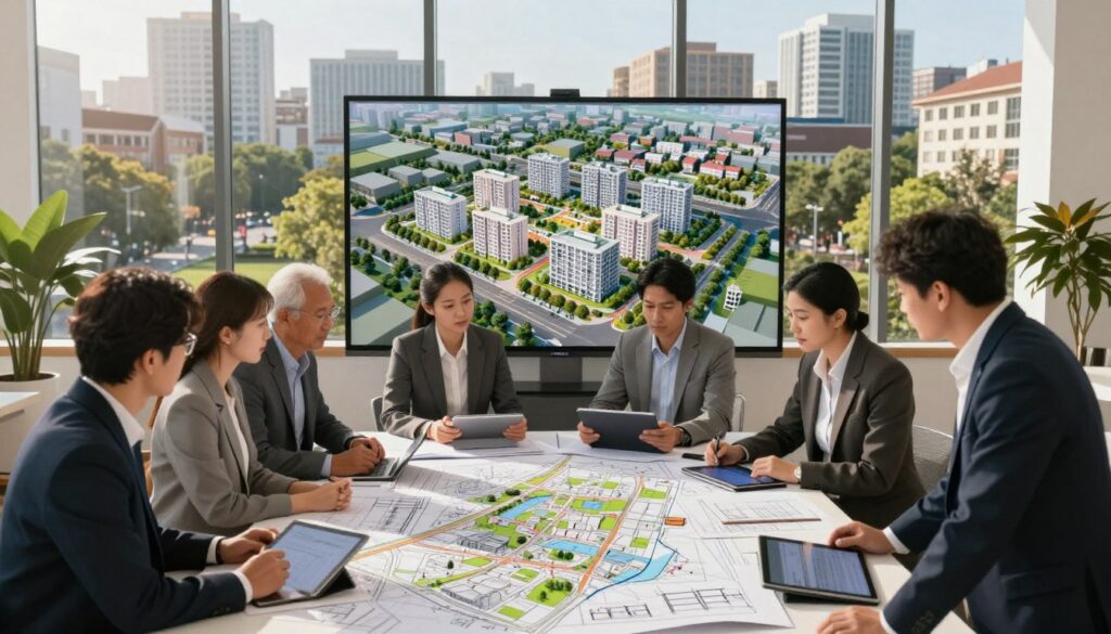 A detailed urban planning scene illustrating a local development plan for a residential area. In the foreground, a diverse team of professionals, including architects and urban planners, wearing business attire, gather around a large table covered with maps, blueprints, and digital tablets. In the middle ground, a large screen displays vibrant 3D models of proposed buildings harmonized with green spaces and walkways. The background reveals a cityscape, blending modern and traditional architecture, with trees and parks interspersed between. Natural sunlight pours in through large windows, casting a warm glow across the room, creating an collaborative and innovative atmosphere. The overall mood is focused and dynamic, emphasizing teamwork and thoughtful planning for sustainable urban living. A detailed urban planning scene illustrating a local development plan for a residential area. In the foreground, a diverse team of professionals, including architects and urban planners, wearing business attire, gather around a large table covered with maps, blueprints, and digital tablets. In the middle ground, a large screen displays vibrant 3D models of proposed buildings harmonized with green spaces and walkways. The background reveals a cityscape, blending modern and traditional architecture, with trees and parks interspersed between. Natural sunlight pours in through large windows, casting a warm glow across the room, creating an collaborative and innovative atmosphere. The overall mood is focused and dynamic, emphasizing teamwork and thoughtful planning for sustainable urban living.
