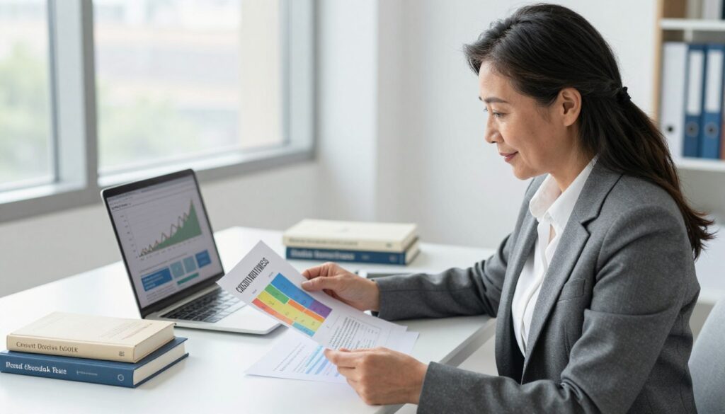 A detailed visual representation of creditworthiness, featuring a confident middle-aged professional woman in business attire, analyzing financial documents at her sleek desk. In the foreground, the woman intently reviews a colorful infographic that illustrates credit scores and mortgage options. The middle layer shows a laptop displaying financial graphs, surrounded by personal finance books. In the background, a bright, modern office space with large windows, letting in soft natural light, adding a professional ambience. The mood is focused and optimistic, emphasizing financial empowerment and informed decision-making, symbolizing the importance of creditworthiness in securing a mortgage. The angle should capture both the woman and her workspace, highlighting her professionalism and determination.