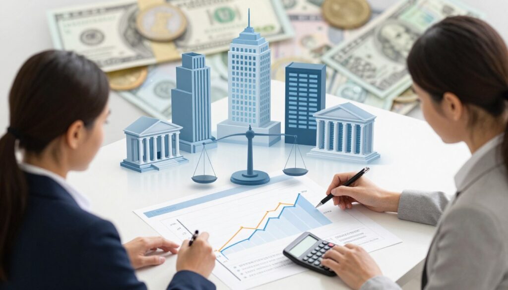 A digital illustration of financial assets represented visually, featuring a central focus on a stylized balance sheet with graphs depicting rising asset values. In the foreground, a professional-looking female and male banker in smart business attire, analyzing the balance sheet with a pen and calculator, exuding an atmosphere of diligence and expertise. The middle ground includes abstract representations of various banks, symbolized by sleek, modern buildings with varying heights to indicate size and stability. In the background, soft-focus images of currency notes and coins to hint at wealth. The lighting is bright and inspirational, evoking a sense of trust and security, while the angle of view is slightly elevated to give a comprehensive overview of the scene. A digital illustration of financial assets represented visually, featuring a central focus on a stylized balance sheet with graphs depicting rising asset values. In the foreground, a professional-looking female and male banker in smart business attire, analyzing the balance sheet with a pen and calculator, exuding an atmosphere of diligence and expertise. The middle ground includes abstract representations of various banks, symbolized by sleek, modern buildings with varying heights to indicate size and stability. In the background, soft-focus images of currency notes and coins to hint at wealth. The lighting is bright and inspirational, evoking a sense of trust and security, while the angle of view is slightly elevated to give a comprehensive overview of the scene.