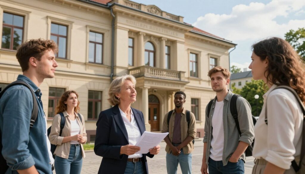 A diverse group of individuals gathered outside a municipal building in Poland, discussing housing options. In the foreground, a middle-aged woman in professional attire, holding documents, engages with a young couple dressed in modest casual clothing. They are looking hopeful and engaged in conversation. In the middle, the impressive facade of the municipal office building features prominent architectural details, like large windows and a classic entrance. The background showcases a clear sky with soft clouds and green trees, adding a sense of community and support. The image is well-lit with warm natural sunlight, creating a welcoming and optimistic atmosphere, captured from a slightly lower angle to enhance the building's stature and the characters' expressions.