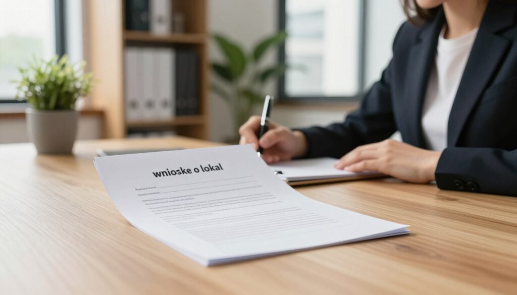 A focused image of a document titled "wniosek o lokal," positioned prominently in the foreground on a clean wooden desk. The document features a clear format, with sections for personal information and eligibility criteria clearly visible, but no actual text is readable. In the middle background, a professional setting is depicted—a modern office with potted plants and bookshelves lined with real estate resources. Soft, natural lighting filters through a large window, casting gentle shadows. A person in business attire (a woman) is seated at the desk, thoughtfully reviewing the document, with a pen in hand poised above a notepad. The overall atmosphere conveys a sense of preparation and professionalism, instilling the viewer with a feeling of dedication to securing accommodation. A focused image of a document titled "wniosek o lokal," positioned prominently in the foreground on a clean wooden desk. The document features a clear format, with sections for personal information and eligibility criteria clearly visible, but no actual text is readable. In the middle background, a professional setting is depicted—a modern office with potted plants and bookshelves lined with real estate resources. Soft, natural lighting filters through a large window, casting gentle shadows. A person in business attire (a woman) is seated at the desk, thoughtfully reviewing the document, with a pen in hand poised above a notepad. The overall atmosphere conveys a sense of preparation and professionalism, instilling the viewer with a feeling of dedication to securing accommodation.