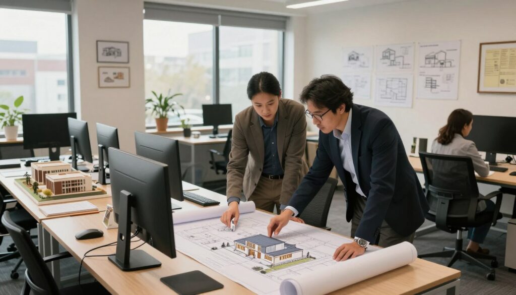A modern architectural office setting, featuring a busy workspace where architects are engaged in discussions and reviewing blueprints. In the foreground, two professionals in business attire are examining a detailed house design on a large table. The middle section showcases sleek computers and architectural models, while large windows in the background let in soft, natural light that gives the room a warm atmosphere. The walls are adorned with creative sketches and framed permits, hinting at the processes involved in obtaining construction permits. The overall mood is collaborative and focused, emphasizing professionalism and attention to detail in urban architecture and planning. The angle is slightly elevated, capturing both the workspace dynamics and the architectural elements around. A modern architectural office setting, featuring a busy workspace where architects are engaged in discussions and reviewing blueprints. In the foreground, two professionals in business attire are examining a detailed house design on a large table. The middle section showcases sleek computers and architectural models, while large windows in the background let in soft, natural light that gives the room a warm atmosphere. The walls are adorned with creative sketches and framed permits, hinting at the processes involved in obtaining construction permits. The overall mood is collaborative and focused, emphasizing professionalism and attention to detail in urban architecture and planning. The angle is slightly elevated, capturing both the workspace dynamics and the architectural elements around.