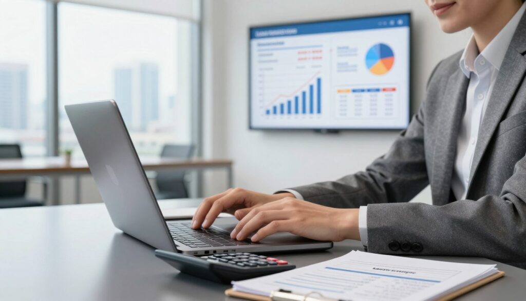 A modern financial office setting featuring a professional business person, seated at a sleek desk with a laptop and financial documents spread out. The foreground should capture their hands typing on the laptop, alongside a calculator and a notepad with numbers on it, symbolizing the loan amount (kwota kredytu). In the middle, a digital display board on the wall should showcase graphs and charts related to loan parameters, illustrating terms like interest rates and repayment periods. The background features large windows with a view of an urban skyline, allowing natural light to fill the room, creating a bright and optimistic atmosphere. The composition should evoke a sense of professionalism and focus on financial decision-making.