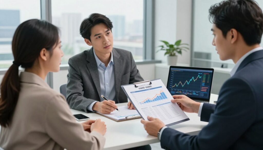 A modern financial office setting, showcasing a well-dressed financial advisor explaining mortgage interest rates to a couple. In the foreground, the advisor holds a chart highlighting fixed versus variable interest rates. The couple, dressed in smart casual attire, appears engaged and curious. In the middle ground, a sleek desk is adorned with financial documents and a laptop displaying graphs with fluctuating numbers. The background features large windows with a cityscape view, allowing natural light to flood the room, creating a professional yet welcoming atmosphere. The mood is analytical yet approachable, emphasizing trust and clarity in discussing mortgage options. The perspective is slightly angled to capture the dynamic interaction.