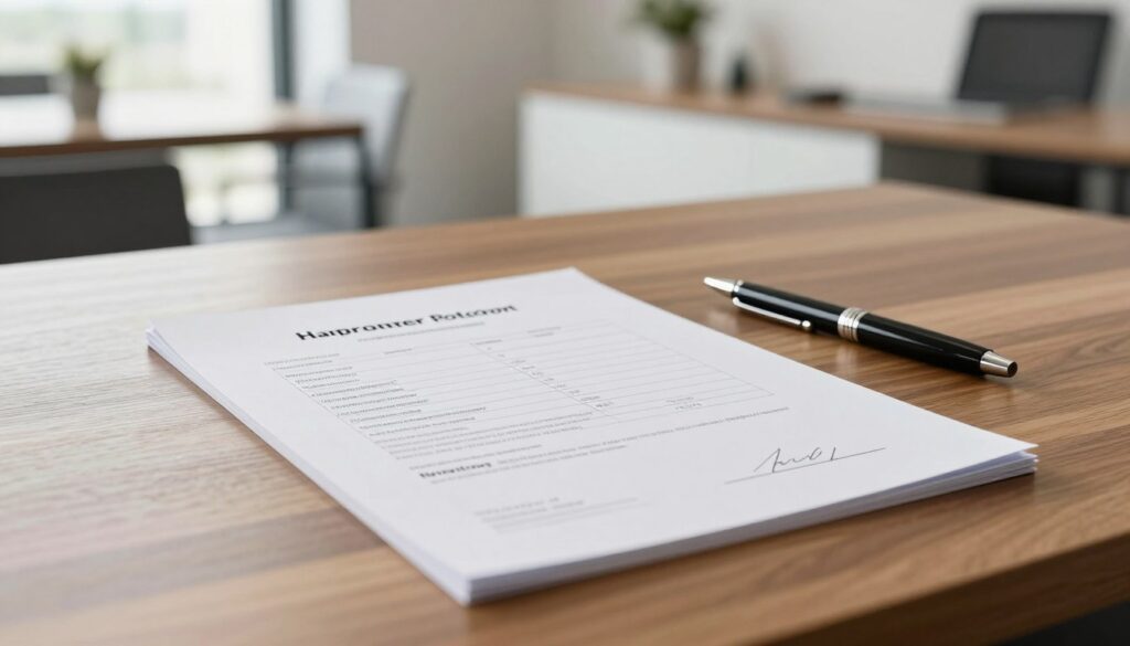 A modern office desk setting featuring a detailed apartment handover protocol document laid out prominently on a polished wooden surface. In the foreground, the document is clearly visible, showcasing essential sections such as property condition, inventory list, and signatures. A sophisticated pen rests beside it, hinting at the signing process. The middle ground includes a blurred background of a well-lit, contemporary office with minimalistic decor, emphasizing professionalism. The image should be illuminated by soft, natural light filtering through a window, creating a warm and inviting atmosphere. The overall mood conveys clarity and organization, ideal for an informative article.