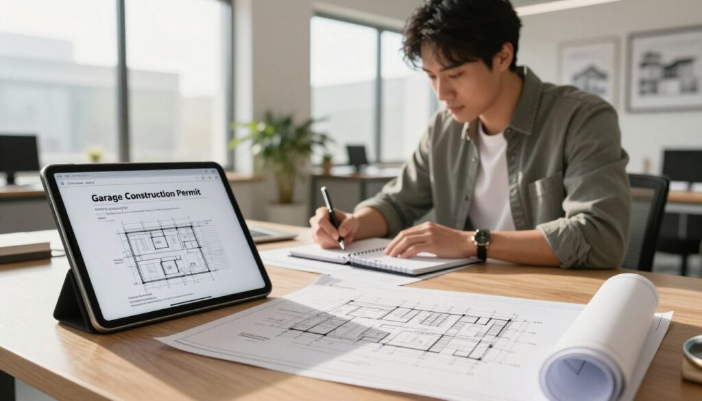 A modern office desk setup featuring a tablet displaying a digital document titled "Garage Construction Permit" with architectural blueprints in the foreground. The mid-ground includes a hardworking architect in professional attire, reviewing plans and jotting down notes with a pen. In the background, large windows allow natural light to flood the room, casting soft shadows and creating an inviting atmosphere. The walls are adorned with framed architectural designs. The overall mood is focused and productive, reflecting the importance of building permits in construction. The lighting is bright yet warm, emphasizing the details of the plans and the engagement of the professional. A modern office desk setup featuring a tablet displaying a digital document titled "Garage Construction Permit" with architectural blueprints in the foreground. The mid-ground includes a hardworking architect in professional attire, reviewing plans and jotting down notes with a pen. In the background, large windows allow natural light to flood the room, casting soft shadows and creating an inviting atmosphere. The walls are adorned with framed architectural designs. The overall mood is focused and productive, reflecting the importance of building permits in construction. The lighting is bright yet warm, emphasizing the details of the plans and the engagement of the professional.