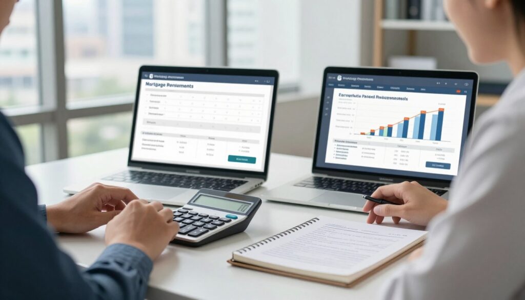 A modern office environment featuring a close-up view of a financial advisor seated at a sleek desk, surrounded by paperwork and a laptop displaying graphs related to mortgage payment options. In the foreground, a calculator and a notepad filled with financial notes are prominently placed. The middle ground presents a digital screen with various mortgage repayment options illustrated, such as equal and decreasing installments, early repayment scenarios, and extra payment options. The background reveals a large window with cityscape views, allowing natural light to spill into the room, creating a warm, professional atmosphere. The scene conveys a sense of trust and professionalism, suitable for financial discussions.
