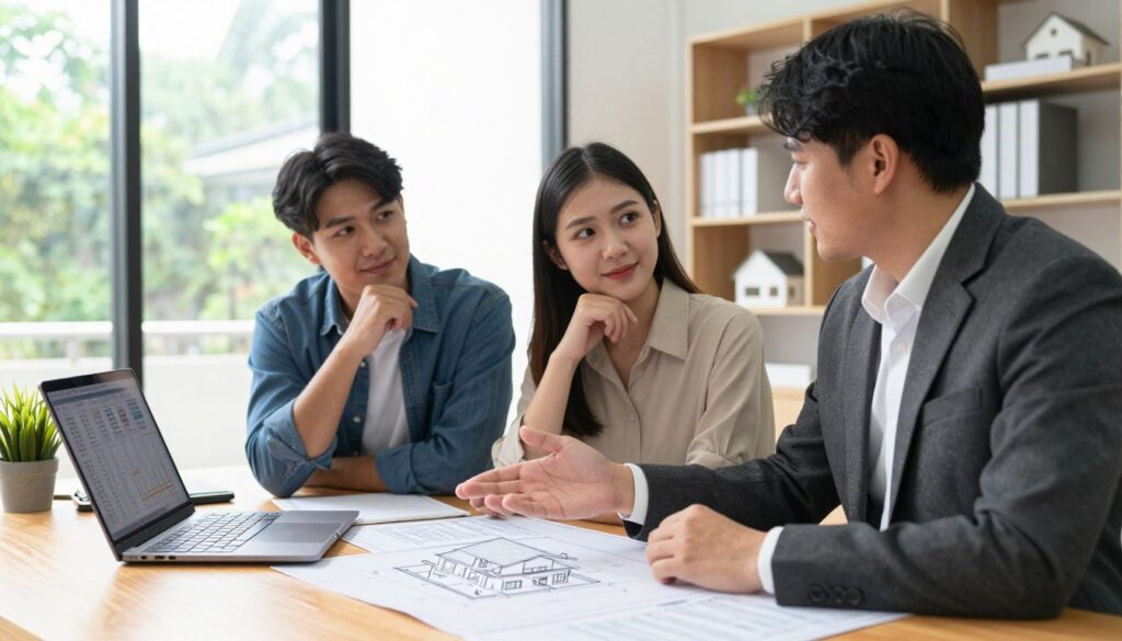 A modern office interior showcasing a financial advisor meeting with a young couple discussing home construction loan options. In the foreground, a professional in business attire gestures towards a detailed blueprint of a house on the table, displayed alongside a laptop showing financial data. The couple, dressed in smart casual clothing, looks engaged and thoughtful. In the middle ground, a large window reveals a bright, sunny day outside, providing natural light that illuminates the workspace. The background features shelves filled with books and models of houses, creating an atmosphere of professionalism and trust. The image should convey a sense of opportunity and hopefulness, emphasizing the theme of building dreams with a home loan.