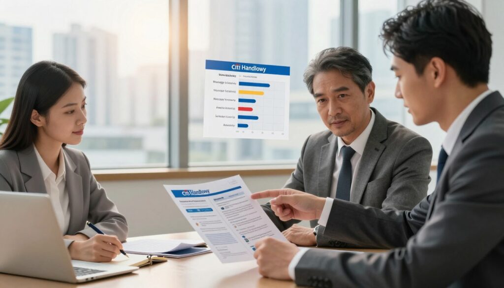 A modern office setting featuring a diverse group of three individuals discussing a mortgage from Citi Handlowy. In the foreground, a middle-aged man in a tailored suit is pointing at a detailed brochure about mortgage options, while a young woman in professional attire takes notes on a laptop. The middle background showcases a large window with natural light filtering through sheer curtains, highlighting a city skyline. A graph depicting mortgage ratings and customer satisfaction floats nearby, subtly integrated into the atmosphere. The lighting is warm and inviting, creating a collaborative and professional mood, suggesting trust and expertise. The focus is on the interaction among the individuals, emphasizing the importance of informed opinions in financial decision-making.