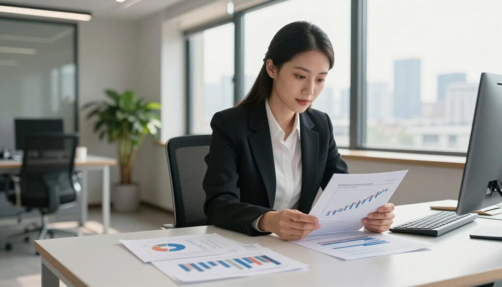 A modern office setting featuring a professional businesswoman seated at a sleek desk, analyzing financial documents. She is dressed in smart business attire, exuding confidence and focus. In the foreground, there are charts and graphs showcasing mortgage rates and loan statistics. The middle background includes a window with natural light streaming in, highlighting the city skyline, symbolizing opportunity and growth. The room has contemporary decor, with a potted plant adding a touch of greenery. The atmosphere is serious yet optimistic, conveying a sense of determination and financial empowerment. Use warm lighting to enhance the inviting, professional mood, captured from a slightly angled perspective to emphasize the interaction with the documents.