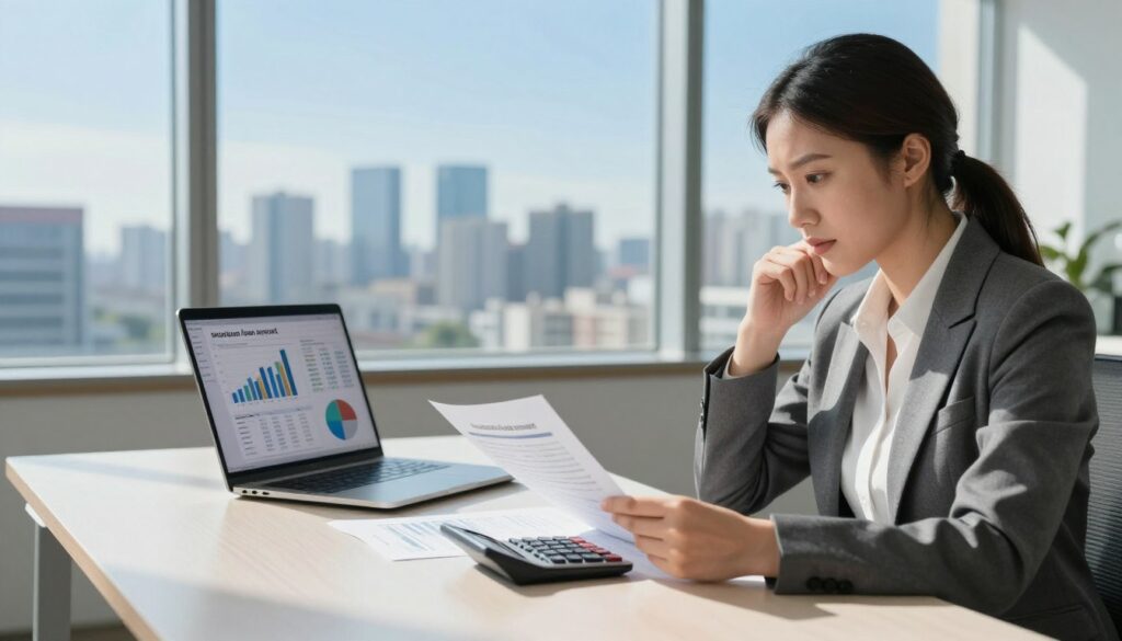 A modern office setting focusing on the concept of “maximum loan amount” for a mortgage. In the foreground, a professional woman in business attire examines financial documents and a calculator, looking thoughtful. The middle ground features an elegant desk with a laptop showing graphs and charts related to mortgage statistics. In the background, a large window reveals a city skyline under a clear blue sky, with natural light illuminating the room. The atmosphere is calm and focused, symbolizing financial responsibility and analysis. Soft shadows enhance the depth of the space, creating a professional and organized ambiance. Emphasize clarity and relevance to financial themes, avoiding clutter or distractions.