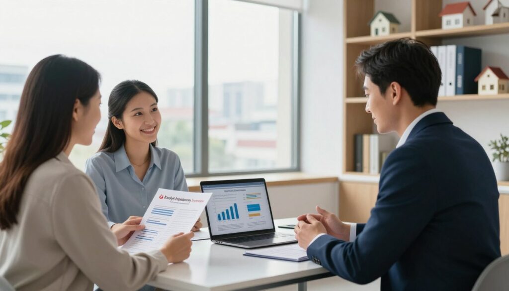 A modern office setting representing a home loan consultation. In the foreground, a professional financial advisor in business attire is sitting at a sleek desk, engaged in a discussion with a couple, who appear optimistic and attentive. The advisor has a laptop open displaying graphs and charts related to mortgage rates, while the couple examines a brochure about "Kredyt hipoteczny Santander." In the middle, a large window shows a cityscape, allowing bright, natural light to fill the room, creating a welcoming atmosphere. In the background, shelves filled with financial books and house models add detail and context. The mood is inviting and informative, aiming to inspire confidence in potential homebuyers. The composition should have a balanced angle, emphasizing the interaction between the advisor and clients. A modern office setting representing a home loan consultation. In the foreground, a professional financial advisor in business attire is sitting at a sleek desk, engaged in a discussion with a couple, who appear optimistic and attentive. The advisor has a laptop open displaying graphs and charts related to mortgage rates, while the couple examines a brochure about "Kredyt hipoteczny Santander." In the middle, a large window shows a cityscape, allowing bright, natural light to fill the room, creating a welcoming atmosphere. In the background, shelves filled with financial books and house models add detail and context. The mood is inviting and informative, aiming to inspire confidence in potential homebuyers. The composition should have a balanced angle, emphasizing the interaction between the advisor and clients.