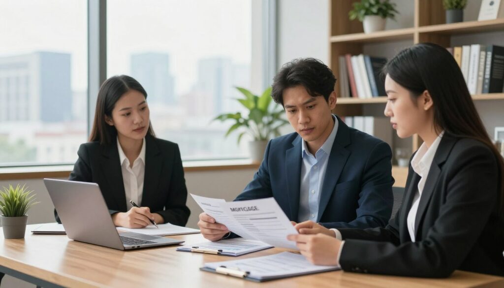 A modern office setting that conveys professionalism, featuring a sleek wooden desk with a laptop open to a financial application. In the foreground, a diverse group of three well-dressed professionals, a man in a suit and two women in smart business attire, engaged in a serious discussion over mortgage documents, embodying teamwork and financial decision-making. The middle layer shows a large window with natural light flooding in, displaying a city skyline, symbolizing progress and opportunity. The background features a bookshelf filled with financial books, plants for a touch of greenery, and a subtle arrangement of decorative items that conveys a sense of tranquility and focus. The overall atmosphere is one of optimism and professionalism, ideal for illustrating financial planning and housing credit solutions.