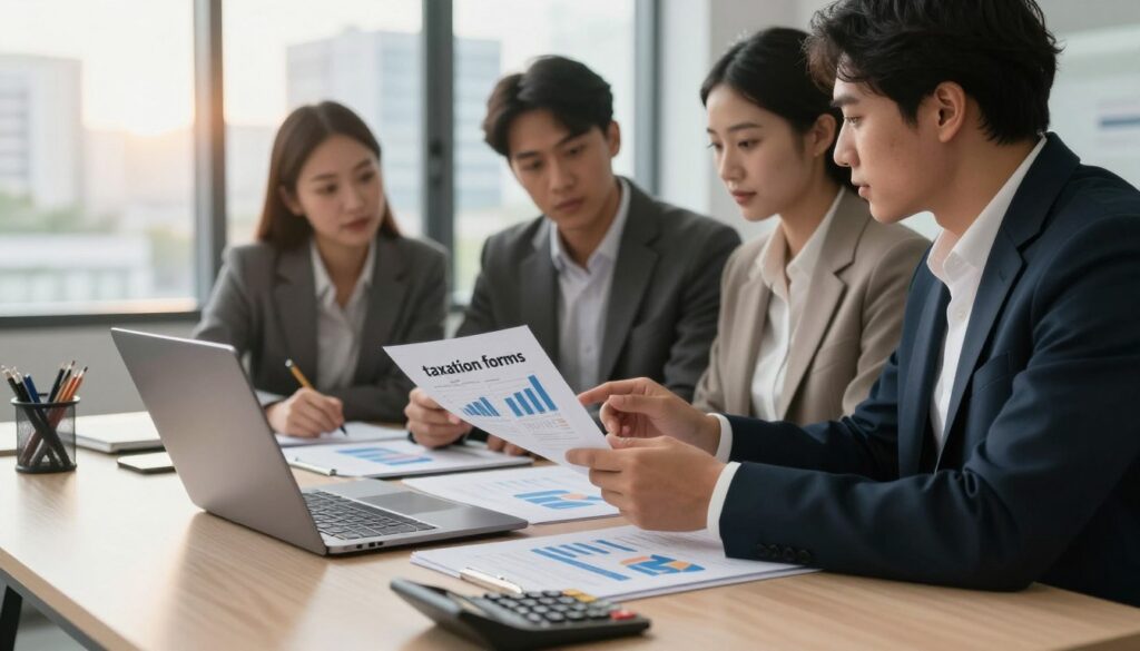 A modern, professional office setting showcasing the concept of "taxation forms" related to private and business rental income. In the foreground, a neatly arranged desk with a laptop, financial documents, and a calculator, emphasizing organization and clarity. In the middle ground, a diverse group of three individuals in business attire engaged in discussion, analyzing charts and graphs about rental taxation methods. In the background, a large window reveals a cityscape, with soft afternoon sunlight streaming in, creating an inviting atmosphere. The overall mood should be focused and productive, highlighting collaboration and financial planning. Capture the image in a medium shot, with a slight tilt to give a dynamic perspective. A modern, professional office setting showcasing the concept of "taxation forms" related to private and business rental income. In the foreground, a neatly arranged desk with a laptop, financial documents, and a calculator, emphasizing organization and clarity. In the middle ground, a diverse group of three individuals in business attire engaged in discussion, analyzing charts and graphs about rental taxation methods. In the background, a large window reveals a cityscape, with soft afternoon sunlight streaming in, creating an inviting atmosphere. The overall mood should be focused and productive, highlighting collaboration and financial planning. Capture the image in a medium shot, with a slight tilt to give a dynamic perspective.