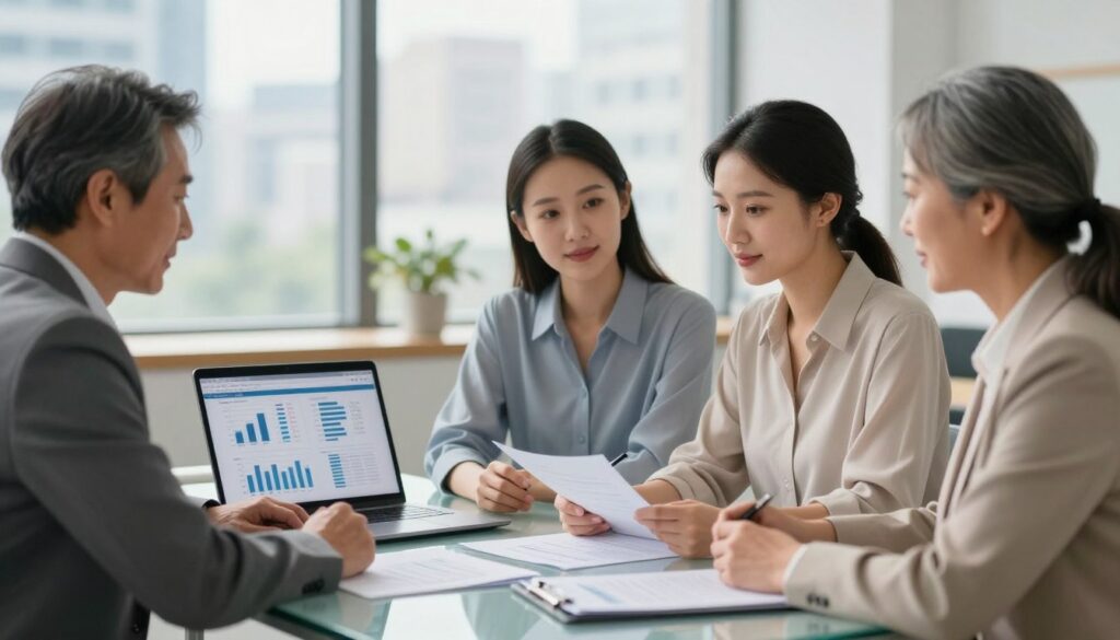 A modern, professional setting showcasing a mortgage consultation scene. In the foreground, a diverse group of three individuals: a middle-aged man in a tailored suit, a young woman in a smart blouse, and an older woman in a business casual outfit, are attentively discussing documents on a sleek glass table. The middle of the image features a laptop displaying numerical charts and mortgage options. In the background, a softly lit office with large windows reveals a cityscape, creating a sense of urban professionalism. Soft, natural lighting enhances the inviting atmosphere, while a shallow depth of field draws attention to the group. The mood is focused and positive, reflecting the importance of informed financial decisions. A modern, professional setting showcasing a mortgage consultation scene. In the foreground, a diverse group of three individuals: a middle-aged man in a tailored suit, a young woman in a smart blouse, and an older woman in a business casual outfit, are attentively discussing documents on a sleek glass table. The middle of the image features a laptop displaying numerical charts and mortgage options. In the background, a softly lit office with large windows reveals a cityscape, creating a sense of urban professionalism. Soft, natural lighting enhances the inviting atmosphere, while a shallow depth of field draws attention to the group. The mood is focused and positive, reflecting the importance of informed financial decisions.