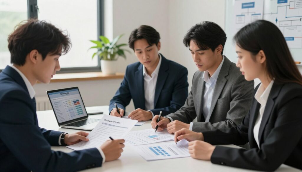 A professional and engaging image illustrating the mortgage application process, focusing on meticulous preparation. In the foreground, a diverse group of three individuals—two men in smart business attire and one woman in professional dress—are sitting around a sleek conference table, reviewing documents and charts. In the middle, documents detailing the application process are spread out, with a laptop showing a mortgage calculator. In the background, a modern office environment is visible, featuring large windows with natural light streaming in, plants, and a whiteboard with flowcharts. The atmosphere is one of collaboration and urgency, emphasizing clarity and professionalism. Use soft, warm lighting to convey a sense of approachability and focus, with a slight depth of field to highlight the foreground actions.