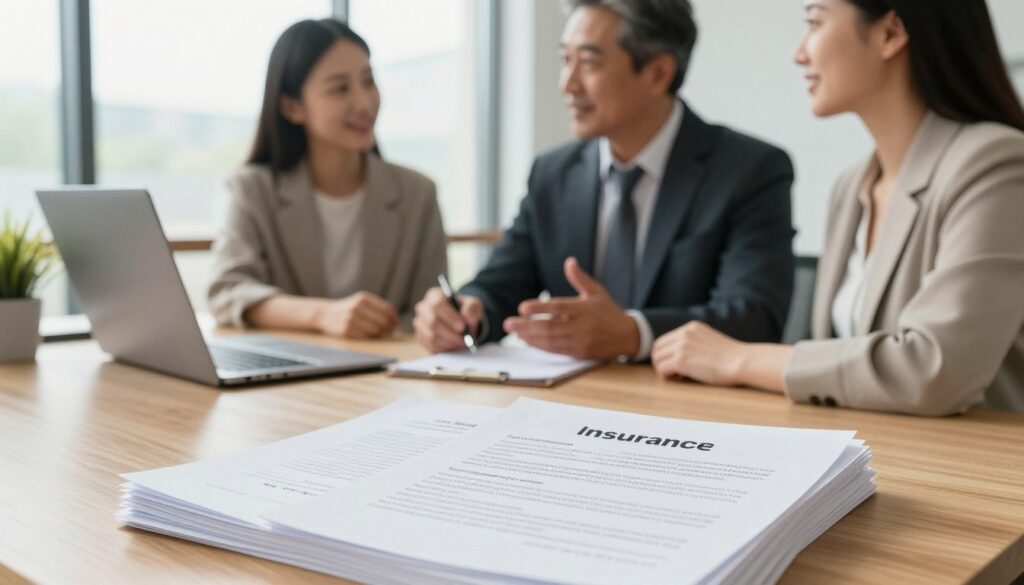 A professional and informative scene illustrating the concept of insurance in the context of mortgage costs. In the foreground, a stack of paperwork representing loan agreements and insurance documents, neatly arranged on a wooden desk. In the middle ground, a well-dressed financial advisor, a middle-aged man in a suit, discussing with a couple in business casual attire, both looking engaged and attentive. In the background, a modern office setting with large windows allowing natural light to flood the room, creating a warm and welcoming atmosphere. Use a soft-focus lens effect for a gentle emphasis on the subjects, maintaining a clean and professional mood throughout the image.
