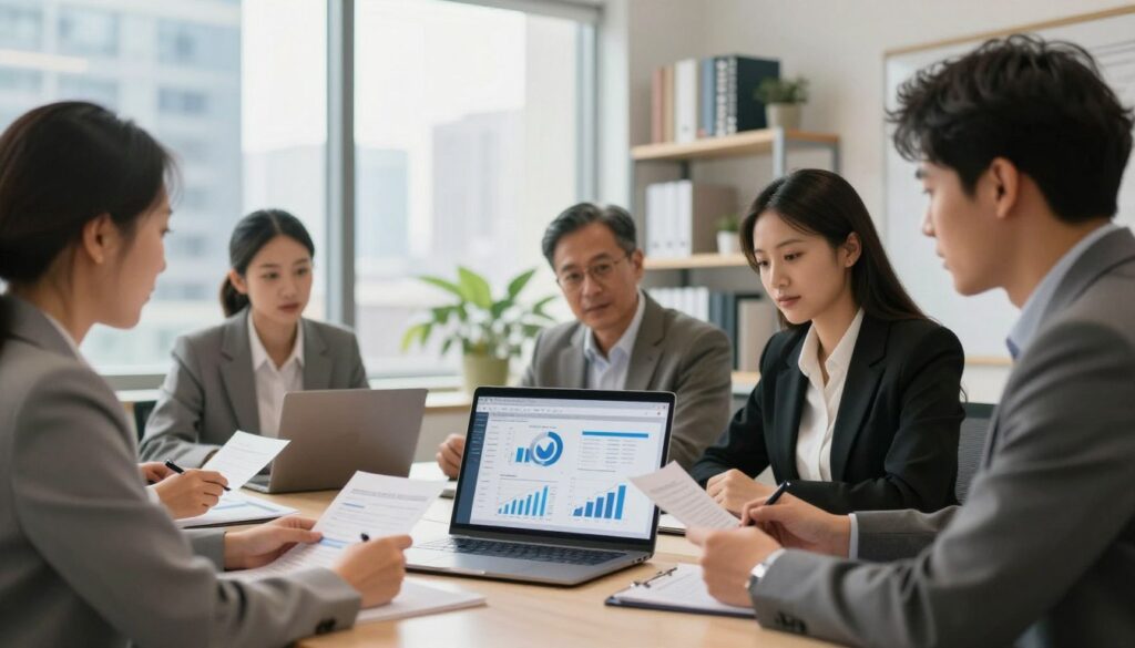 A professional and inviting office space featuring a modern desk with a laptop displaying graphs and spreadsheets related to creditworthiness assessment. In the foreground, a diverse group of individuals in professional business attire are engaged in discussion, analyzing financial documents. The middle layer includes a soft-focus shelf with books about finance and home loans. The background shows a large window providing natural light, with a view of a city skyline, creating an optimistic and aspirational atmosphere. Use warm lighting to enhance the mood of diligence and professionalism. The composition should convey seriousness while maintaining a welcoming environment for potential homebuyers.
