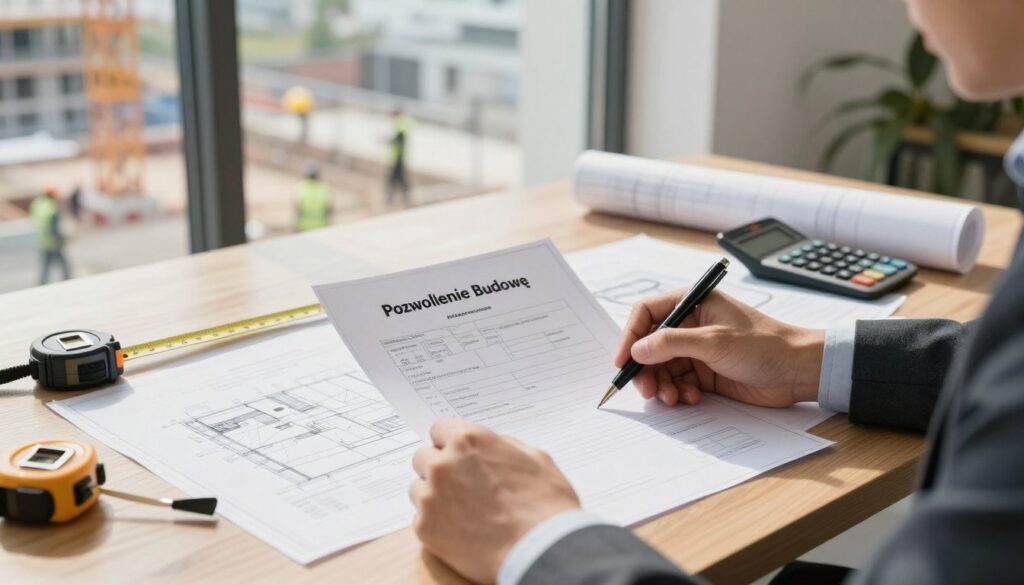 A professional architect's office scene showcasing a detailed construction permit document titled "Pozwolenie Budowę" prominently placed on a modern wooden desk. In the foreground, a pair of hands in business attire is holding a pen, poised to sign, emphasizing the decision-making process. The middle layer features blueprints and project plans spread across the desk, accompanied by a measuring tape and a calculator, symbolizing the cost considerations involved. The background includes a large window revealing a construction site with cranes and workers in safety gear, under a bright, natural light that casts soft shadows, creating an atmosphere of diligence and professionalism. The color palette is soft and neutral, enhancing the focused mood of the scene, reflecting the importance of building permits and regulations. A professional architect's office scene showcasing a detailed construction permit document titled "Pozwolenie Budowę" prominently placed on a modern wooden desk. In the foreground, a pair of hands in business attire is holding a pen, poised to sign, emphasizing the decision-making process. The middle layer features blueprints and project plans spread across the desk, accompanied by a measuring tape and a calculator, symbolizing the cost considerations involved. The background includes a large window revealing a construction site with cranes and workers in safety gear, under a bright, natural light that casts soft shadows, creating an atmosphere of diligence and professionalism. The color palette is soft and neutral, enhancing the focused mood of the scene, reflecting the importance of building permits and regulations.