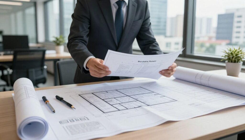 A professional architect's office showcasing the concept of building permits. In the foreground, a neatly arranged table is filled with blueprints, construction documents, and a pair of drafting tools, suggesting meticulous planning. In the middle, a confident architect in professional attire, intently examining a blueprint, symbolizes the journey of securing a building permit. In the background, large windows reveal a bustling cityscape, underscoring the growth and development of urban areas. Soft, natural lighting illuminates the scene, creating a productive and hopeful atmosphere. The perspective is slightly angled, providing depth to the composition, while maintaining focus on the architect and the documents, symbolizing the crucial steps needed for obtaining a construction permit in 2025/2026. A professional architect's office showcasing the concept of building permits. In the foreground, a neatly arranged table is filled with blueprints, construction documents, and a pair of drafting tools, suggesting meticulous planning. In the middle, a confident architect in professional attire, intently examining a blueprint, symbolizes the journey of securing a building permit. In the background, large windows reveal a bustling cityscape, underscoring the growth and development of urban areas. Soft, natural lighting illuminates the scene, creating a productive and hopeful atmosphere. The perspective is slightly angled, providing depth to the composition, while maintaining focus on the architect and the documents, symbolizing the crucial steps needed for obtaining a construction permit in 2025/2026.