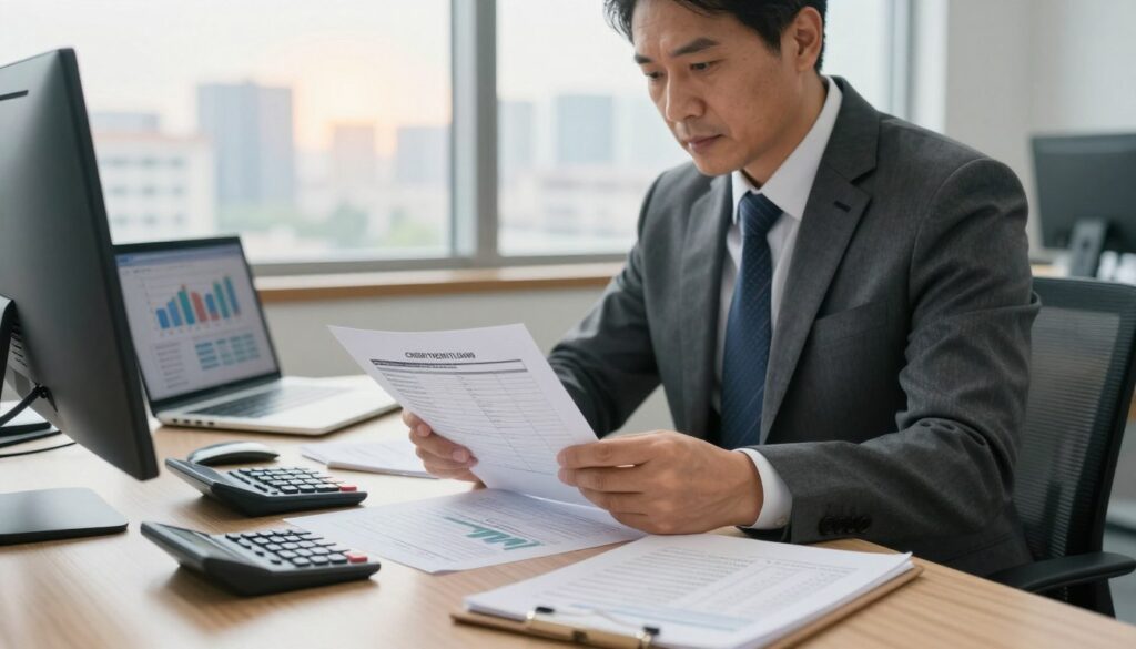 A professional banker reviewing a set of financial documents, such as credit reports and loan applications, in a modern office setting. In the foreground, a desktop with a calculator, a laptop displaying graphs, and a notepad filled with calculations. The middle ground features the banker, a middle-aged individual in a sharp business suit, concentrating intently on the paperwork. In the background, large windows show a cityscape under soft daylight, enhancing the atmosphere of professionalism and focus. The lighting is bright yet soft, creating a warm and inviting ambiance. The scene conveys a sense of diligence and trustworthiness, emphasizing the importance of creditworthiness evaluations in mortgage processes.
