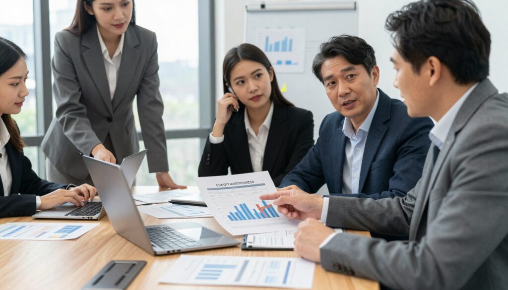 A professional business scene depicting a diverse group of individuals in smart attire, engaged in a discussion around a wooden conference table covered with financial documents and a laptop. In the foreground, a middle-aged financial advisor is pointing at a chart showing credit score metrics, while a young couple listens intently, appearing engaged and hopeful. The middle ground features a graphic representation of creditworthiness, with graphs and numbers subtly visible on paper. In the background, large windows let in natural light, enhancing the professional atmosphere of the bank office. The overall mood is one of anticipation and collaboration, emphasizing a sense of trust and professionalism in the financial decision-making process. A professional business scene depicting a diverse group of individuals in smart attire, engaged in a discussion around a wooden conference table covered with financial documents and a laptop. In the foreground, a middle-aged financial advisor is pointing at a chart showing credit score metrics, while a young couple listens intently, appearing engaged and hopeful. The middle ground features a graphic representation of creditworthiness, with graphs and numbers subtly visible on paper. In the background, large windows let in natural light, enhancing the professional atmosphere of the bank office. The overall mood is one of anticipation and collaboration, emphasizing a sense of trust and professionalism in the financial decision-making process.