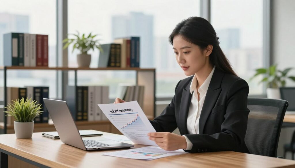 A professional businesswoman analyzing financial documents in an elegant office setting, representing the concept of "wkład własny" (own contribution) in mortgage financing. In the foreground, she sits at a modern wooden desk with a laptop and charts depicting savings and investment growth. In the middle, shelves lined with financial books and a potted plant add a touch of warmth. The background shows a cityscape through large windows, bathed in soft morning light, conveying a sense of opportunity. The overall mood is focused and optimistic, highlighting the importance of personal investment in the mortgage process. The woman is dressed in smart business attire, projecting professionalism and confidence. The composition uses a shallow depth of field to emphasize her engagement with the financial material.